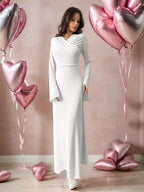 Elegant & Romantic Flared Sleeve Asymmetrical Pleated Collar Cinched Waist High-Low Dress shein