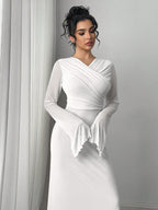 Elegant & Romantic Flared Sleeve Asymmetrical Pleated Collar Cinched Waist High-Low Dress shein