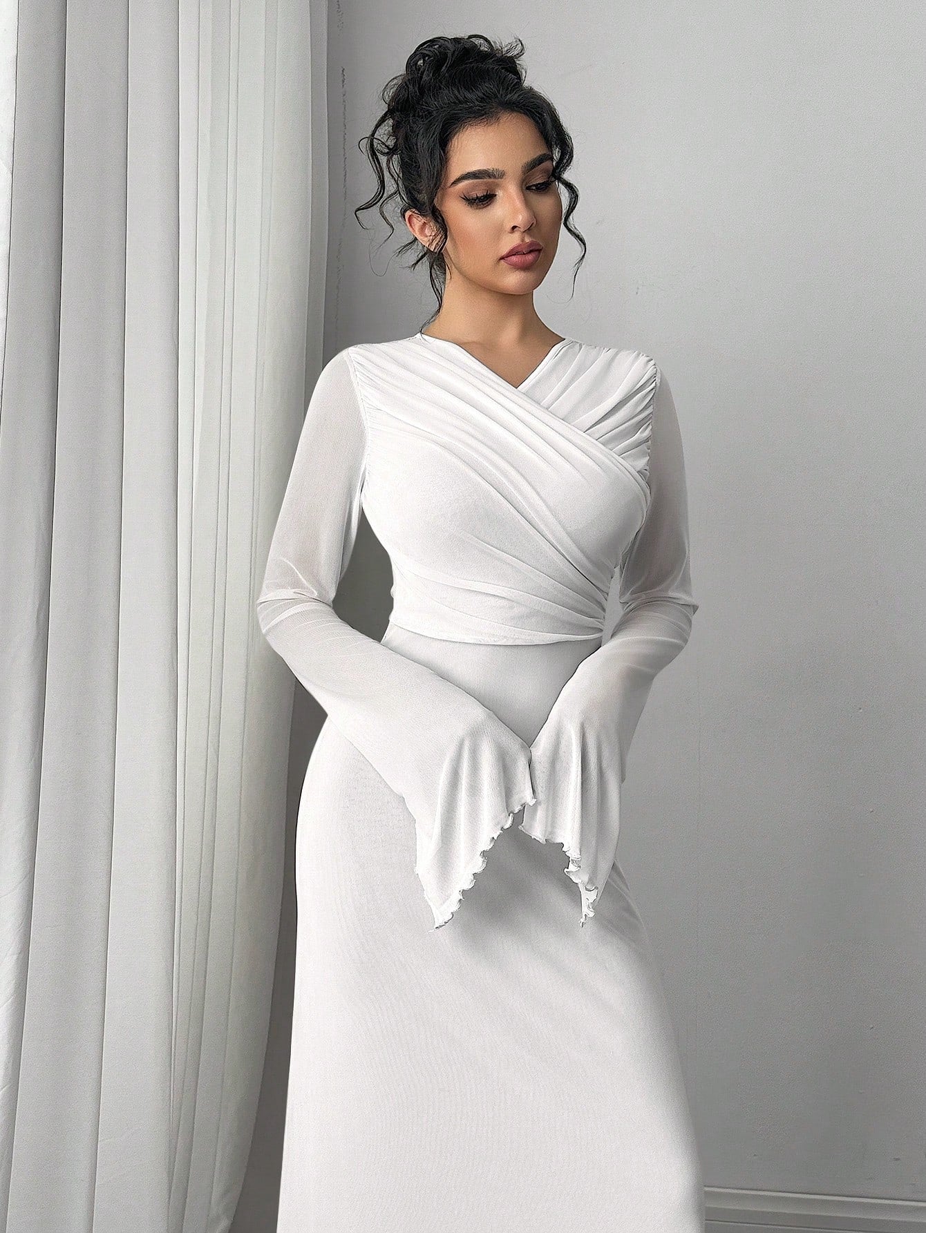 Elegant & Romantic Flared Sleeve Asymmetrical Pleated Collar Cinched Waist High-Low Dress shein