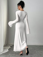 Elegant & Romantic Flared Sleeve Asymmetrical Pleated Collar Cinched Waist High-Low Dress shein
