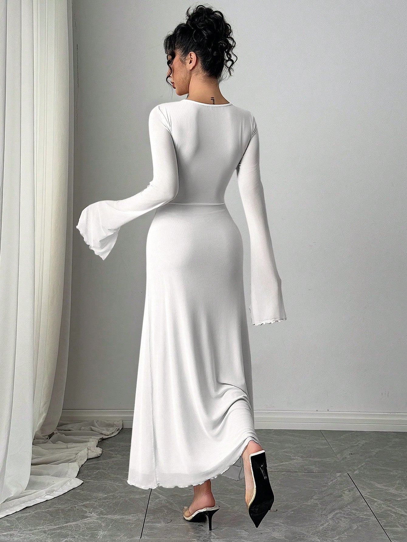 Elegant & Romantic Flared Sleeve Asymmetrical Pleated Collar Cinched Waist High-Low Dress shein
