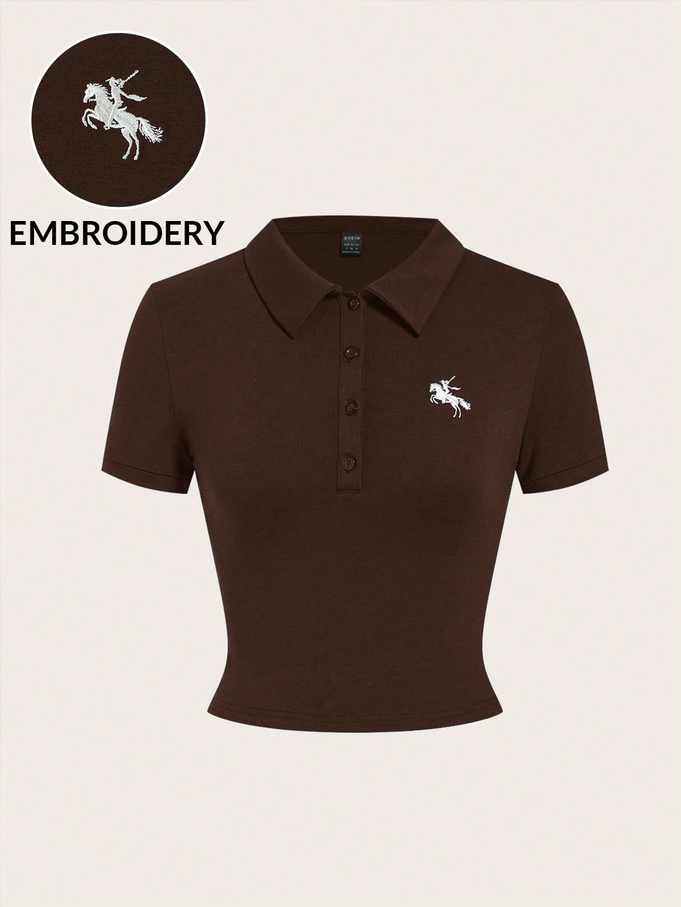 EZwear Women's Casual Blue Polo Collar Embroidered Short Sleeve Cropped T-Shirt shein