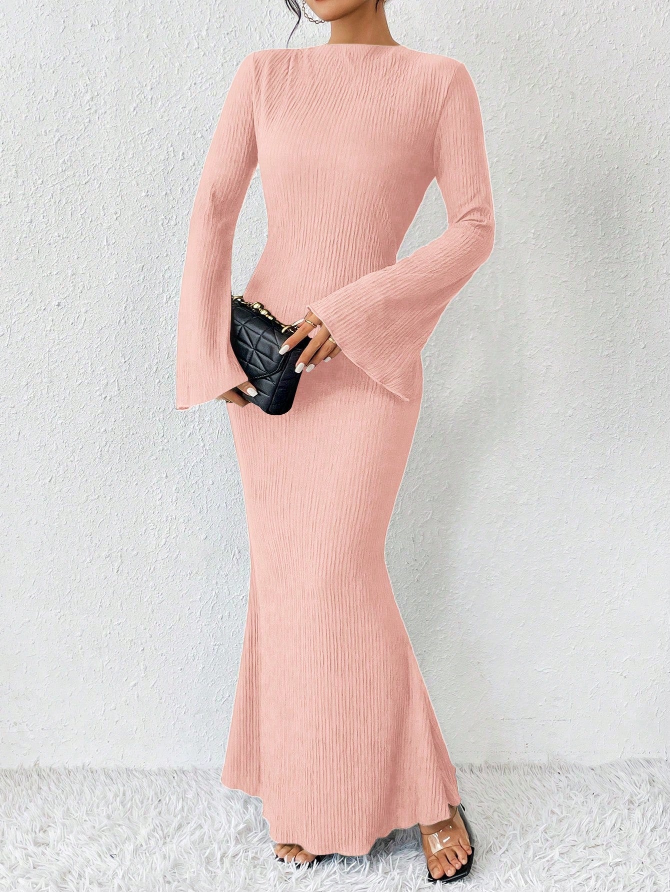 Rafferiza Solid Color Long Bell Sleeve Women's Dress shein