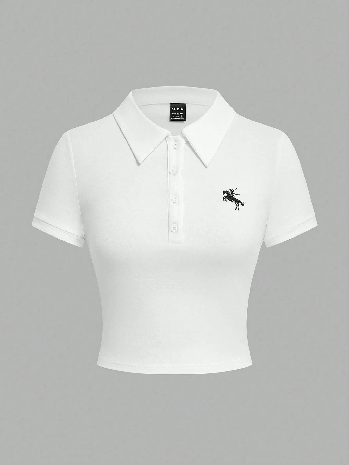 EZwear Women's Casual Blue Polo Collar Embroidered Short Sleeve Cropped T-Shirt shein