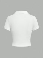 EZwear Women's Casual Blue Polo Collar Embroidered Short Sleeve Cropped T-Shirt shein