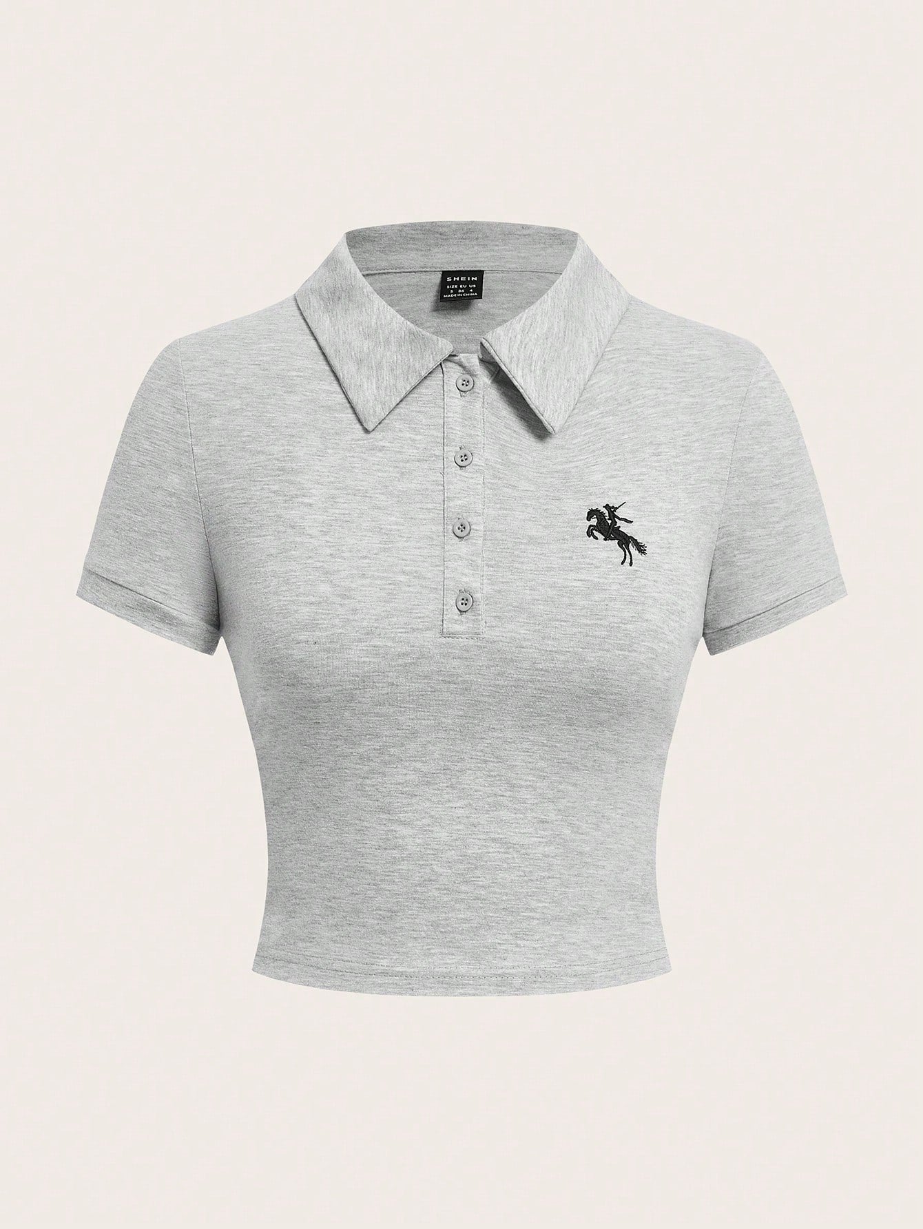 EZwear Women's Casual Blue Polo Collar Embroidered Short Sleeve Cropped T-Shirt shein