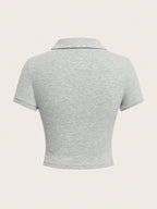EZwear Women's Casual Blue Polo Collar Embroidered Short Sleeve Cropped T-Shirt shein