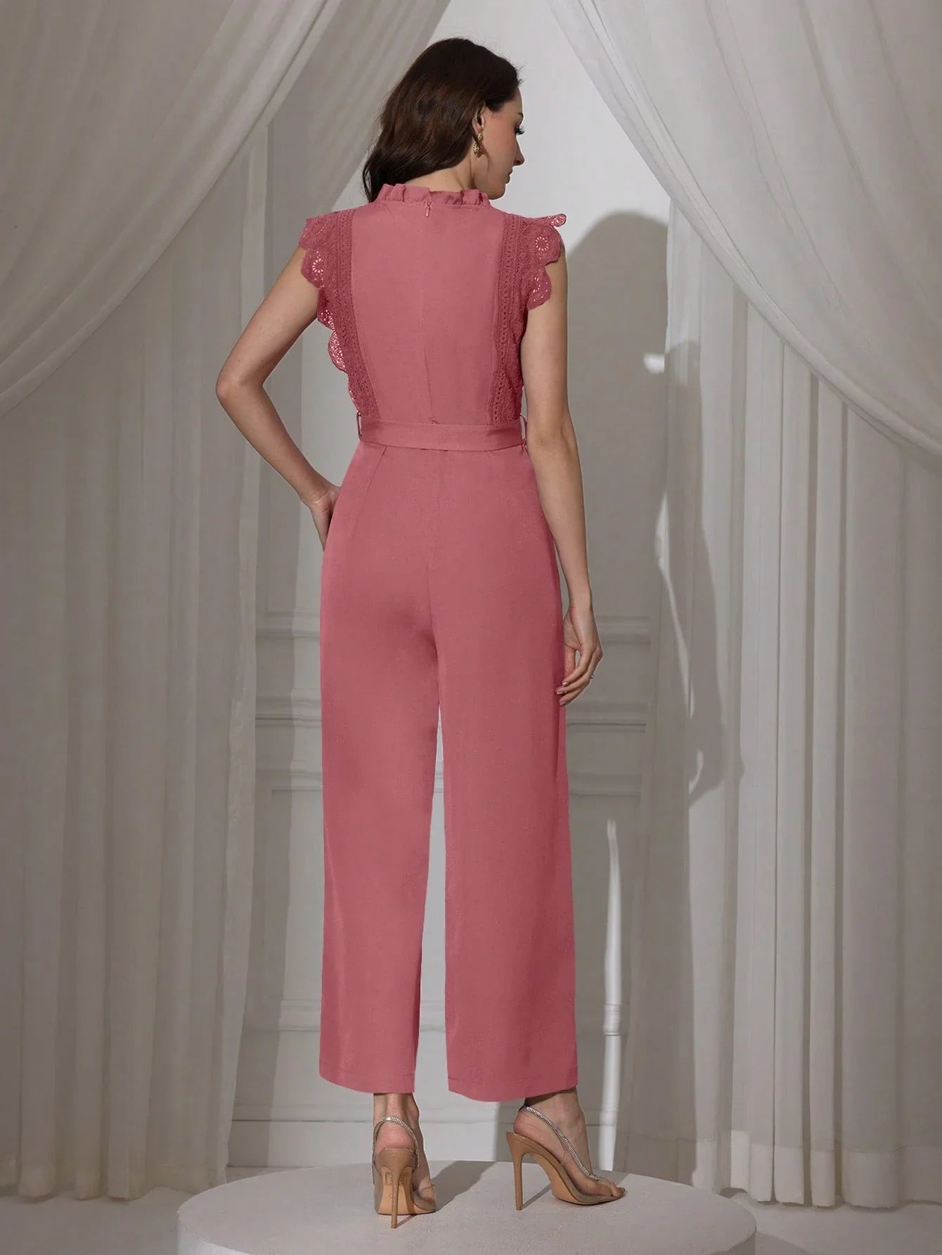 Modelyn Women Solid Color Lace Patchwork Sleeveless Sashes Straight Leg Jumpsuit