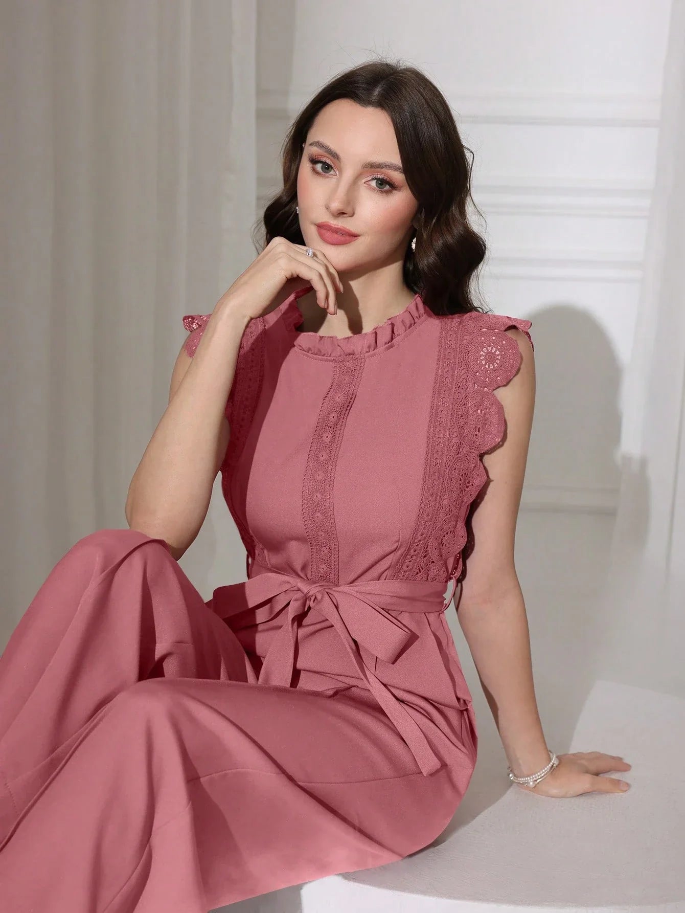 Modelyn Women Solid Color Lace Patchwork Sleeveless Sashes Straight Leg Jumpsuit