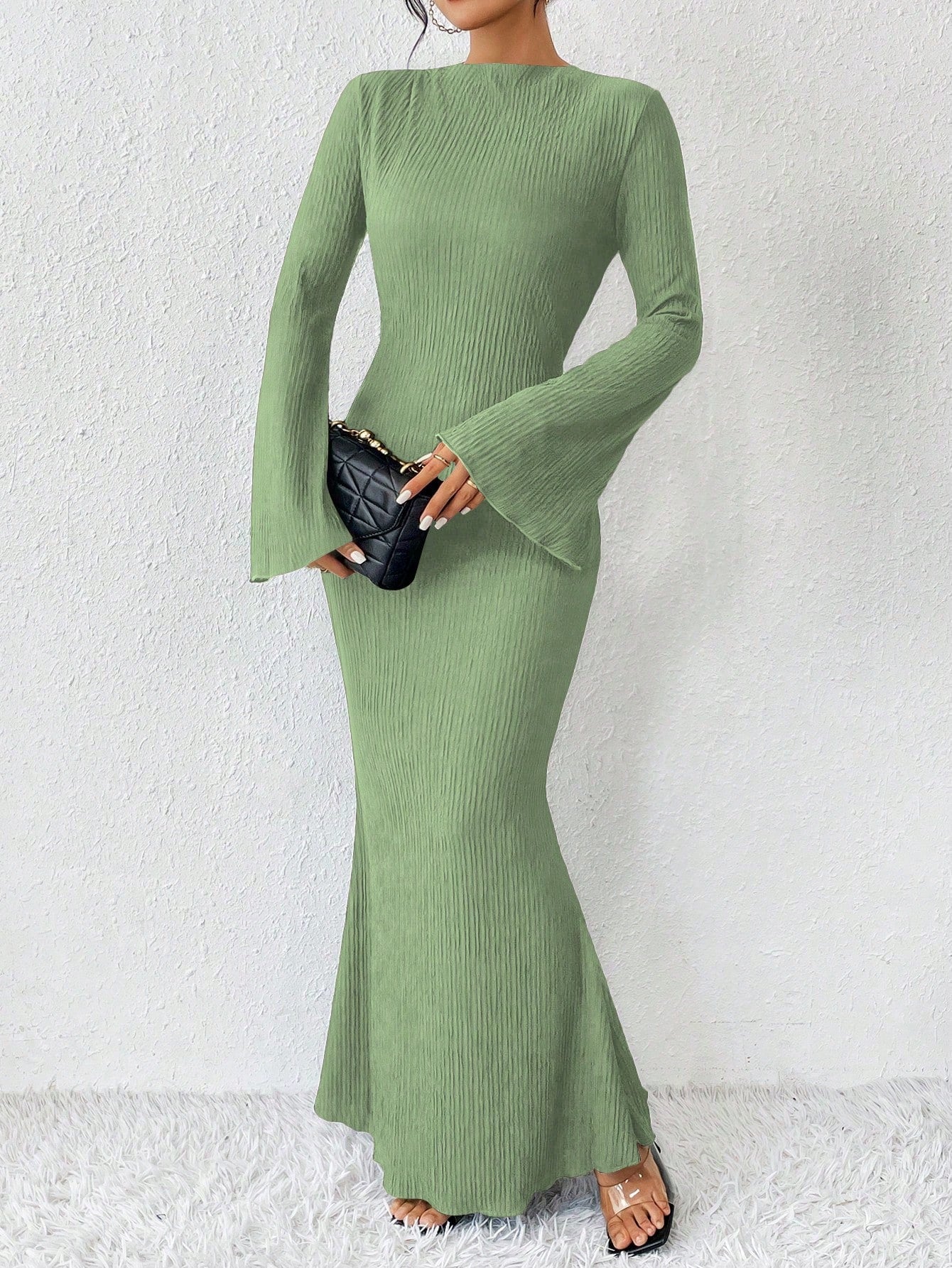 Rafferiza Solid Color Long Bell Sleeve Women's Dress shein