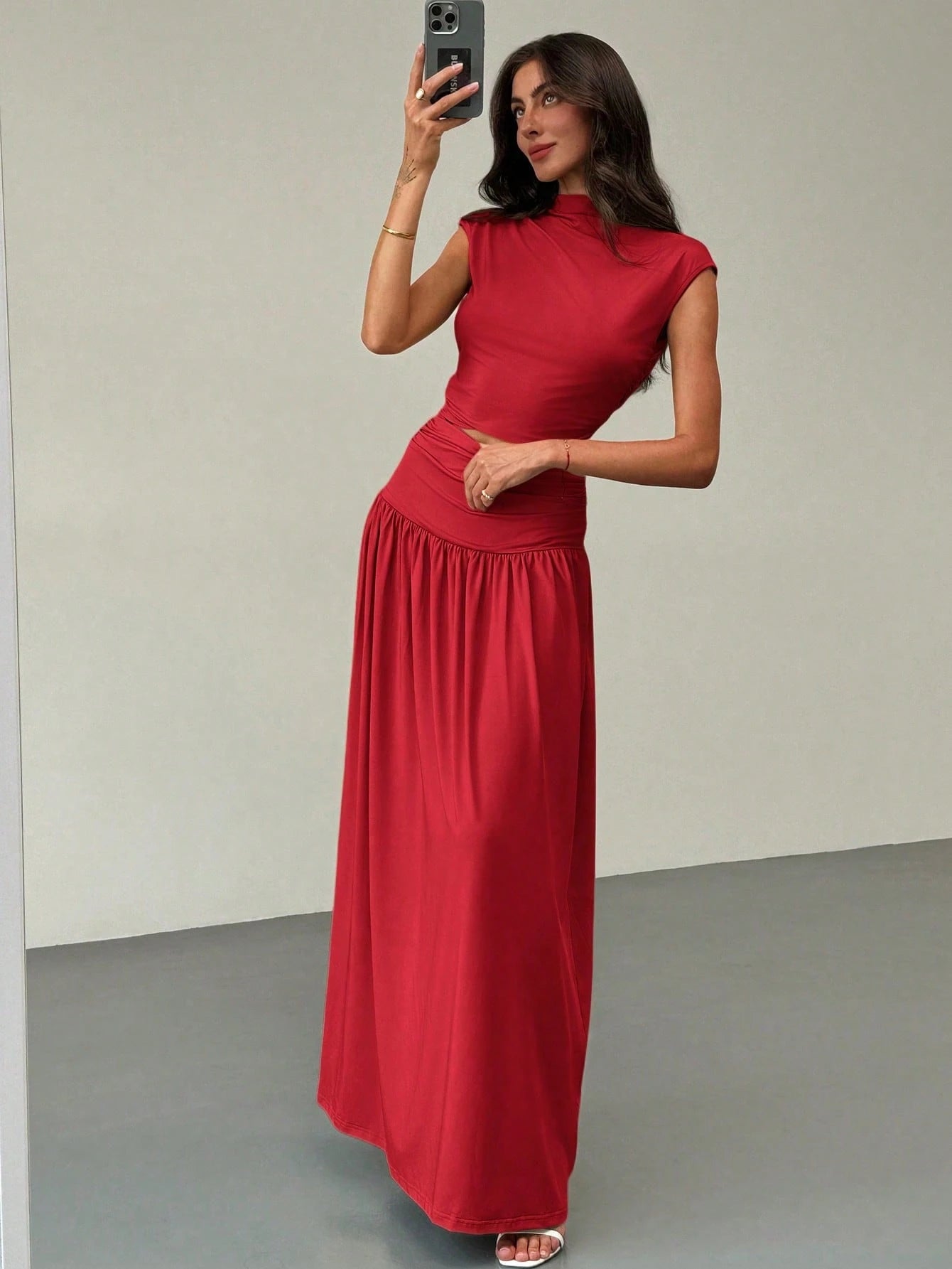 Aloruh New Elegant Stand Collar Pleatered Slim Fit Top And High Waist Skirt shein