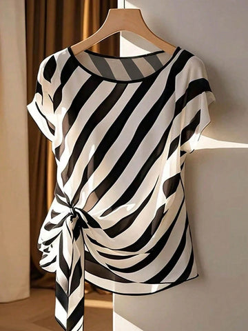 Franclia Round Neck Sleeveless Bowknot Hem Slit Women Shirt