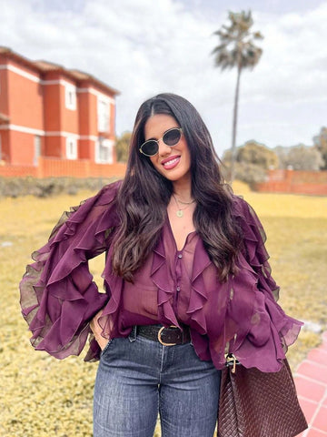 INDEFEIR Summer New Arrival Layered Ruffles Embellished Blouse