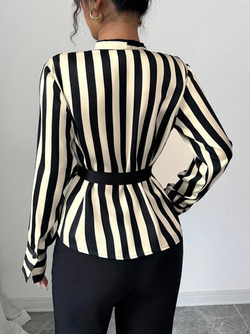 Striped Print Lace-Up Long-Sleeved Elegant Shirt Long Sleeve