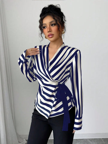 Striped Print Lace-Up Long-Sleeved Elegant Shirt Long Sleeve