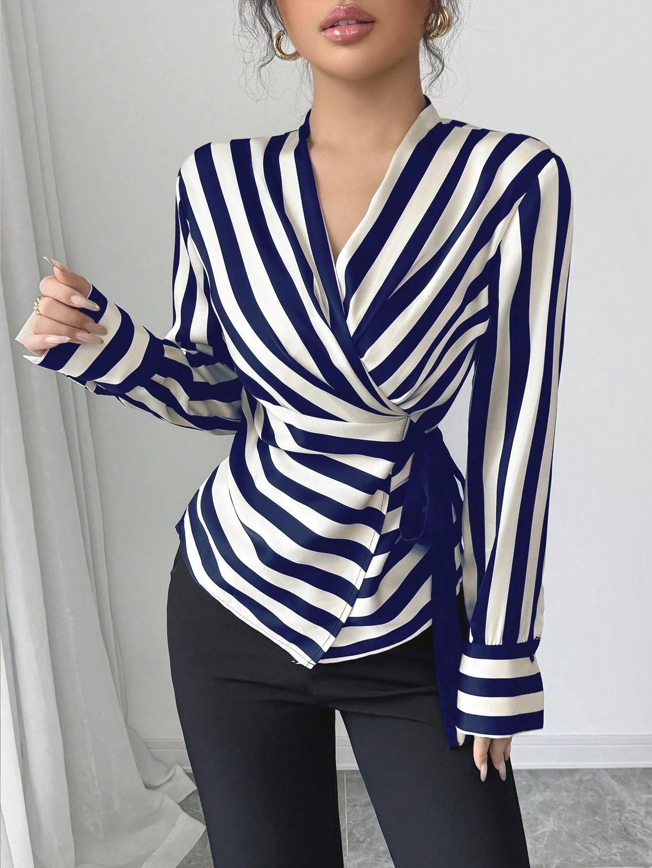 Striped Print Lace-Up Long-Sleeved Elegant Shirt Long Sleeve