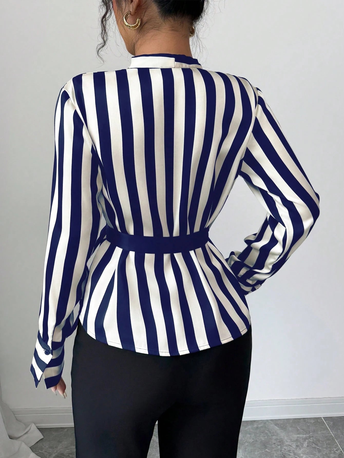 Striped Print Lace-Up Long-Sleeved Elegant Shirt Long Sleeve