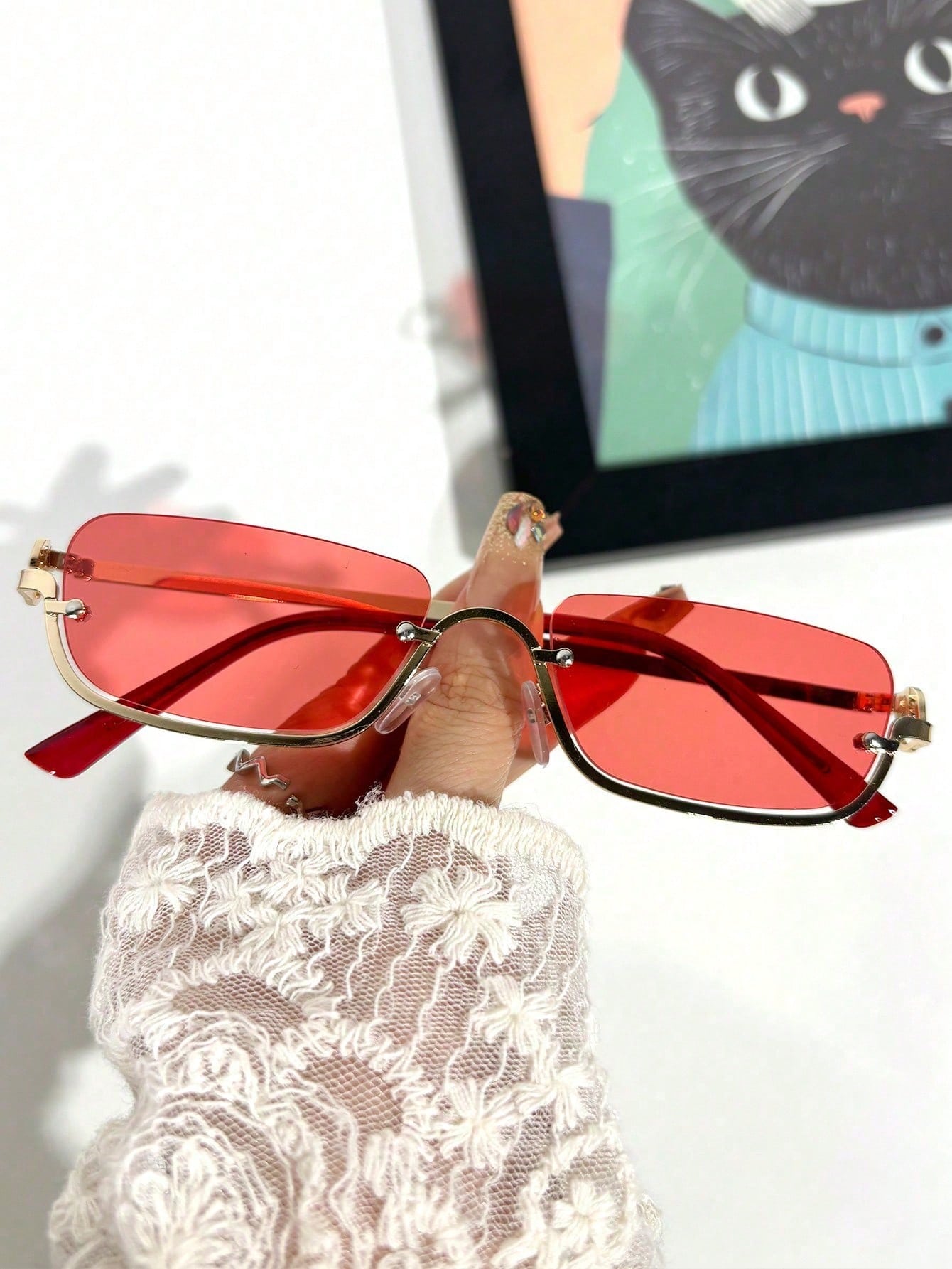 1pc Women's Half-Frame Square Metal Fashion Glasses shein
