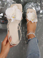 French Style Floral Strap Flat Slide Sandals shein