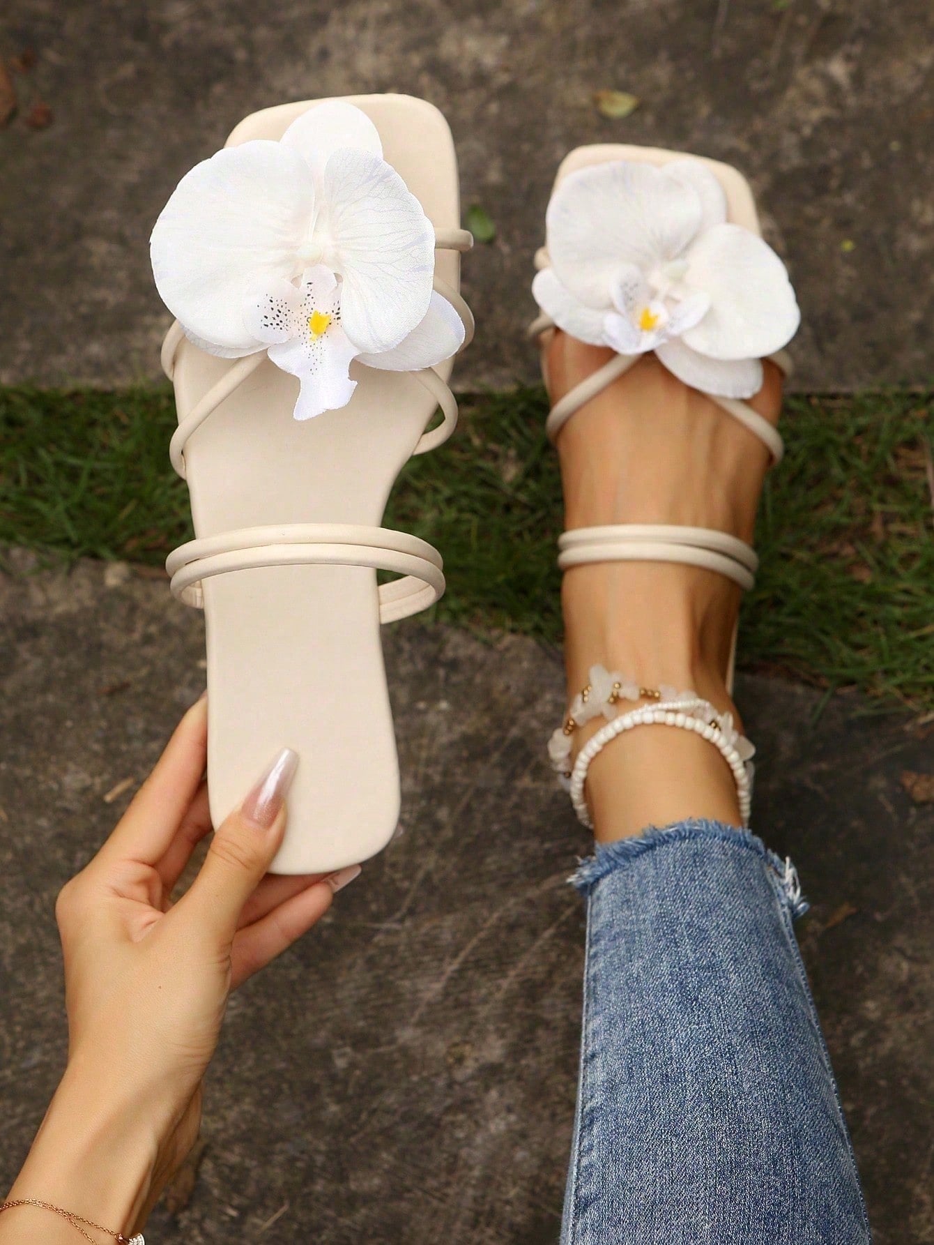 French Style Floral Strap Flat Slide Sandals shein