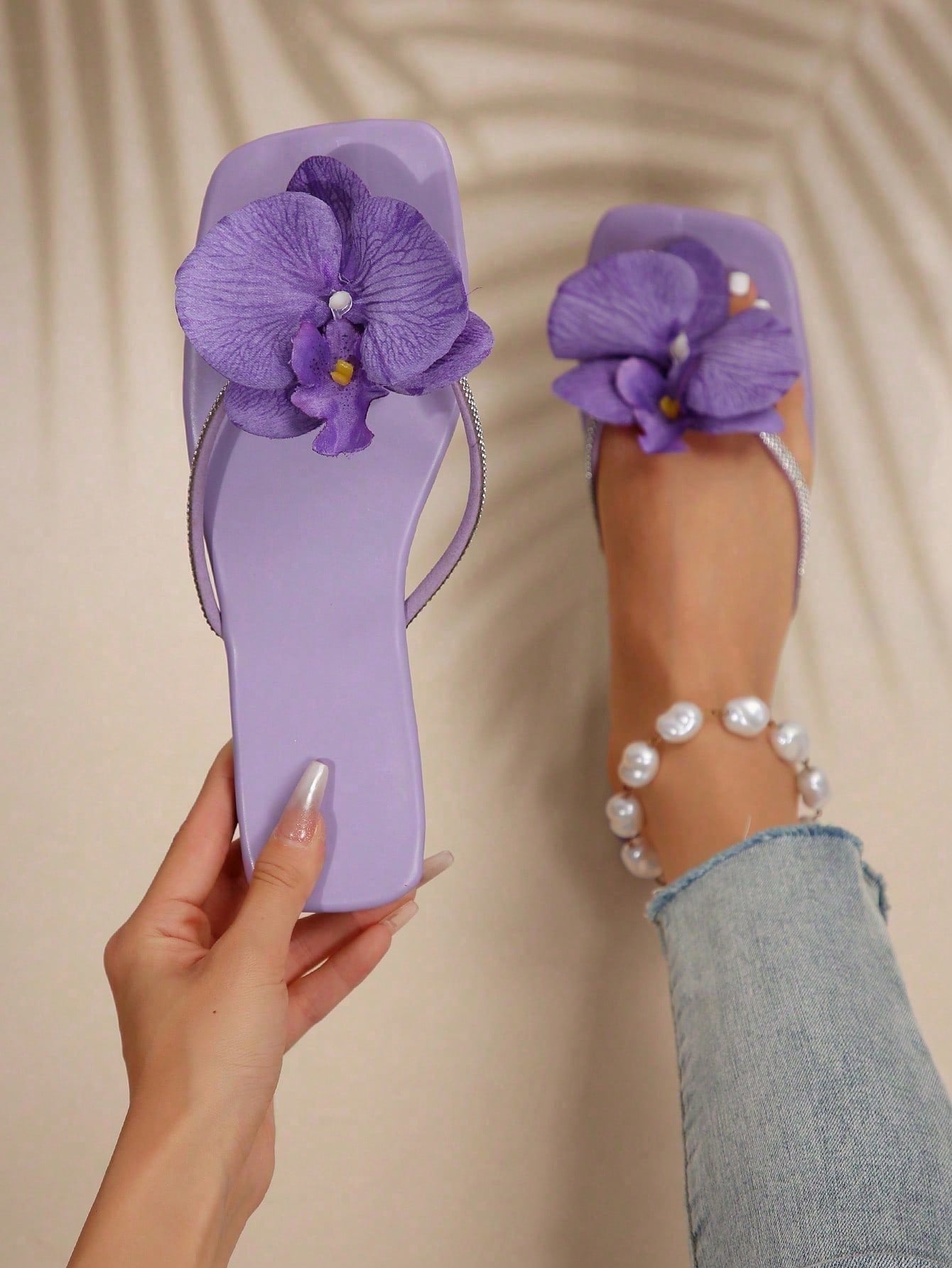 French Flower Strap Flat Slippers shein