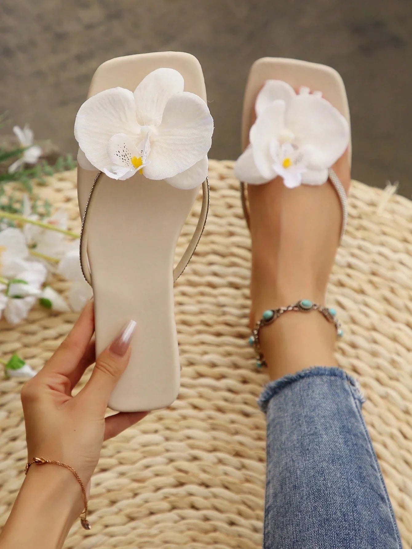 French Style Floral Strap Flat Slide Sandals shein