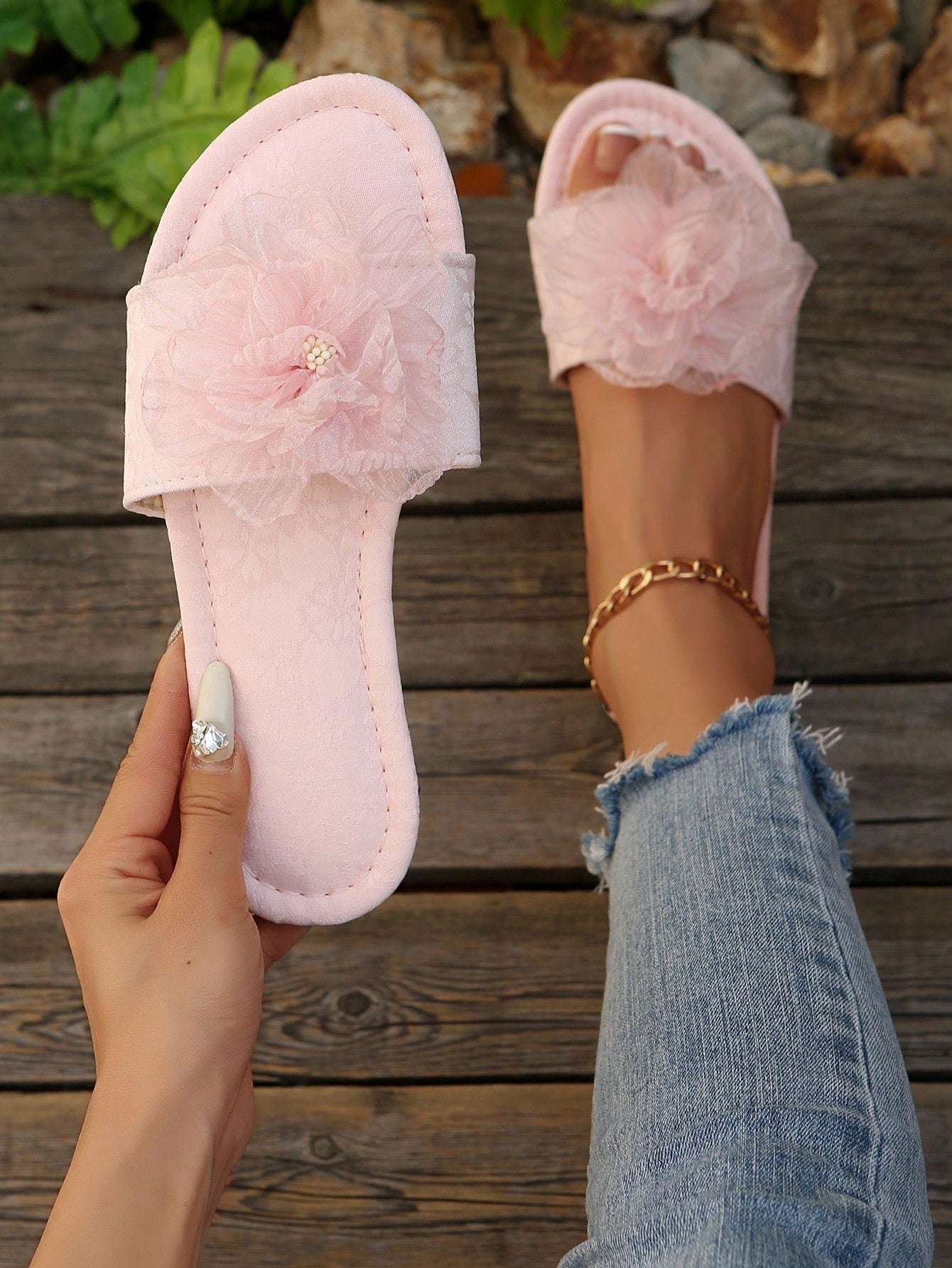French Style Floral Strap Flat Slide Sandals shein