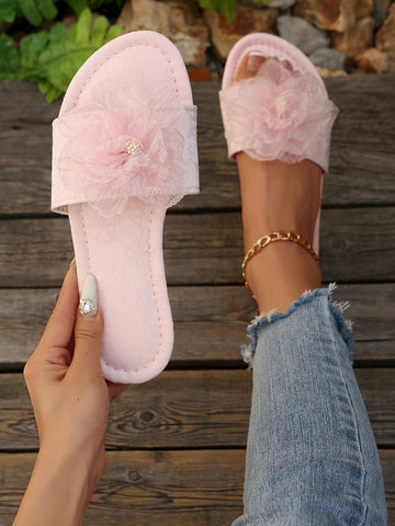 French Style Floral Strap Flat Slide Sandals