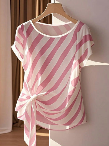 Franclia Round Neck Sleeveless Bowknot Hem Slit Women Shirt