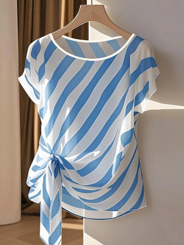 Franclia Round Neck Sleeveless Bowknot Hem Slit Women Shirt