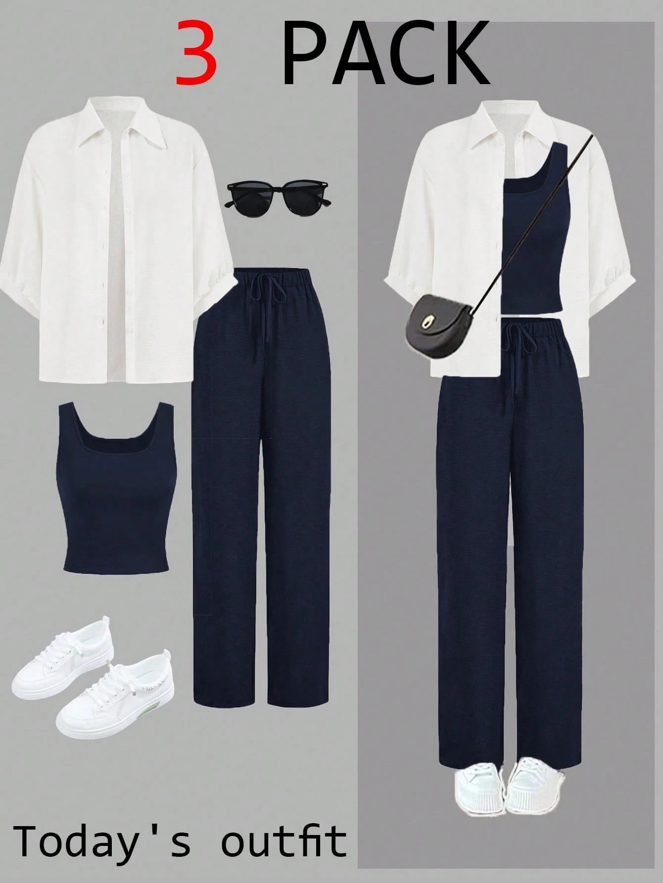 Luneh Square Neck Fitted Crop Top With Elastic Waist Bowknot Belt And Wide-Leg Pants + Vintage Leopard Print Button-Up Shirt shein