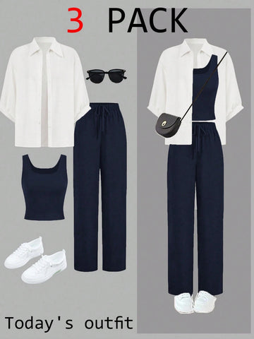 Luneh Square Neck Fitted Crop Top With Elastic Waist Bowknot Belt And Wide-Leg Pants + Vintage Leopard Print Button-Up Shirt
