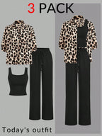 Luneh Square Neck Fitted Crop Top With Elastic Waist Bowknot Belt And Wide-Leg Pants + Vintage Leopard Print Button-Up Shirt shein