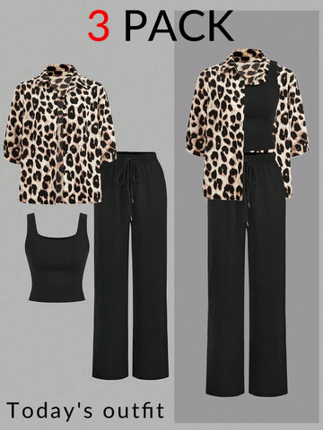Luneh Square Neck Fitted Crop Top With Elastic Waist Bowknot Belt And Wide-Leg Pants + Vintage Leopard Print Button-Up Shirt