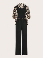 Luneh Square Neck Fitted Crop Top With Elastic Waist Bowknot Belt And Wide-Leg Pants + Vintage Leopard Print Button-Up Shirt shein