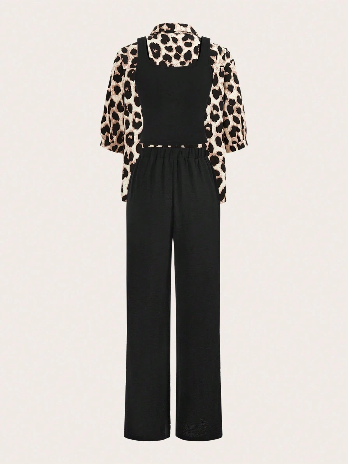 Luneh Square Neck Fitted Crop Top With Elastic Waist Bowknot Belt And Wide-Leg Pants + Vintage Leopard Print Button-Up Shirt shein