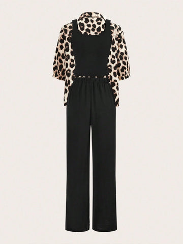 Luneh Square Neck Fitted Crop Top With Elastic Waist Bowknot Belt And Wide-Leg Pants + Vintage Leopard Print Button-Up Shirt