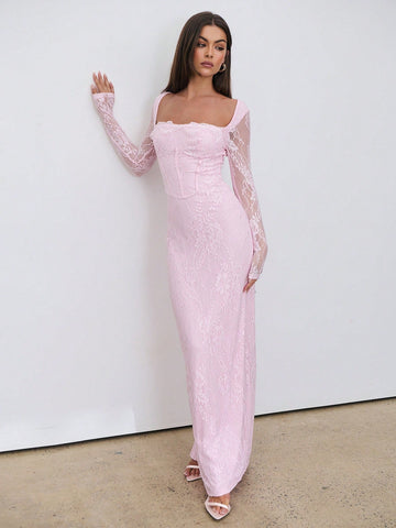 Sexy S-Shaped Lace Long Sleeve Cupped Corset Collar Slim Fitted Floor Length Dress