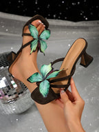 Square Toe Uncommon Design Butterfly Decor New Strap High Heel Sandals shein