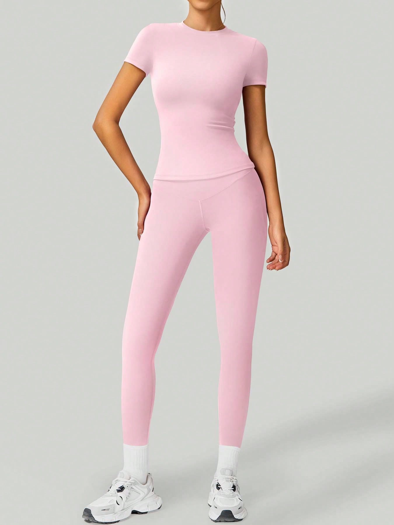 2pcs Women Soft Moisture Wicking Crew Neck Short Sleeve Top And Elastic Yoga Sports Pants