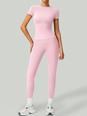 2pcs Women Soft Moisture Wicking Crew Neck Short Sleeve Top And Elastic Yoga Sports Pants