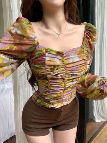 DAZY Women's Floral Print Square Neck Collar Stretchy Tight-Fitting Puff Sleeve Blouse