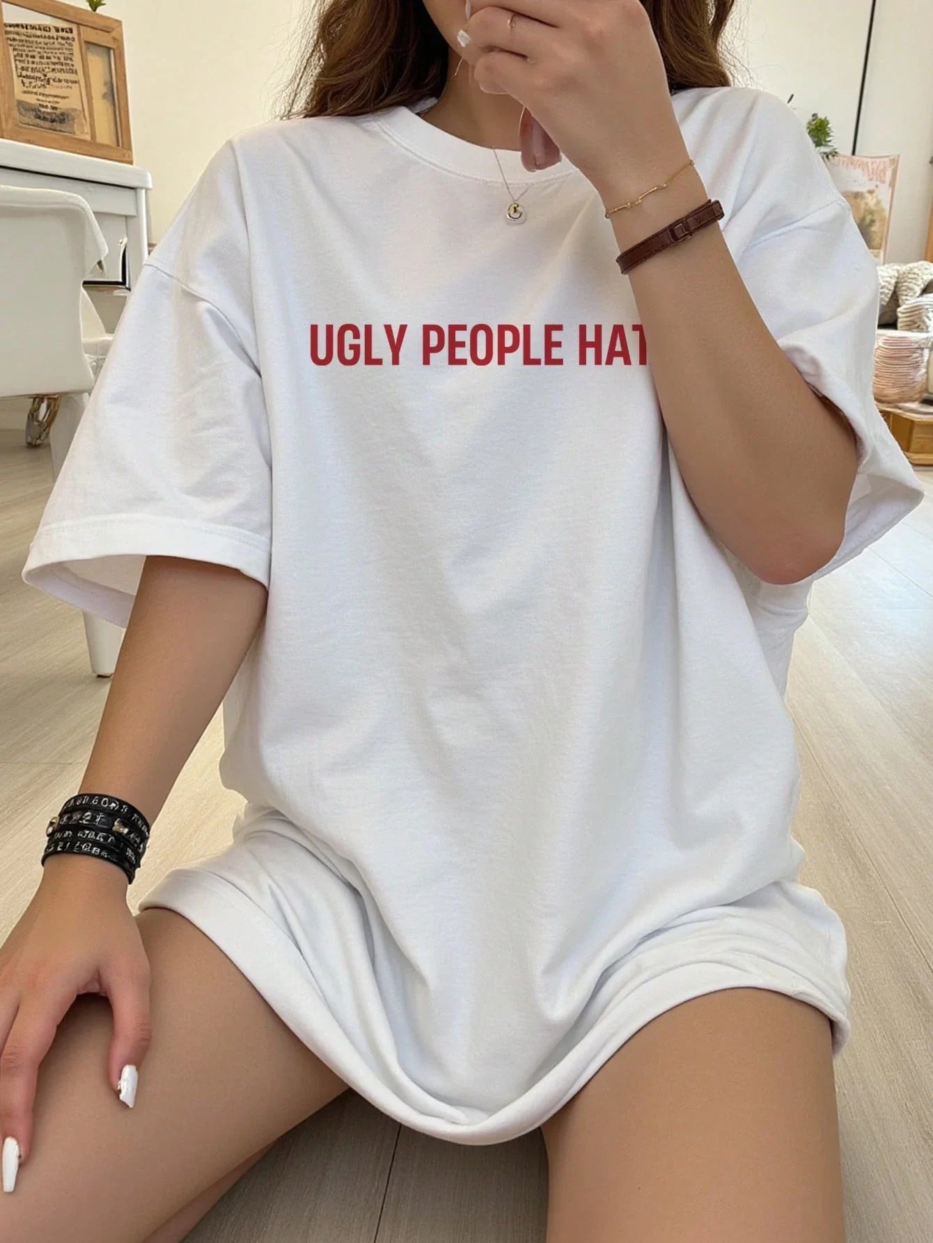 EZwear Oversized Casual Cherry Pattern Round Neck Short Sleeve T-Shirt shein