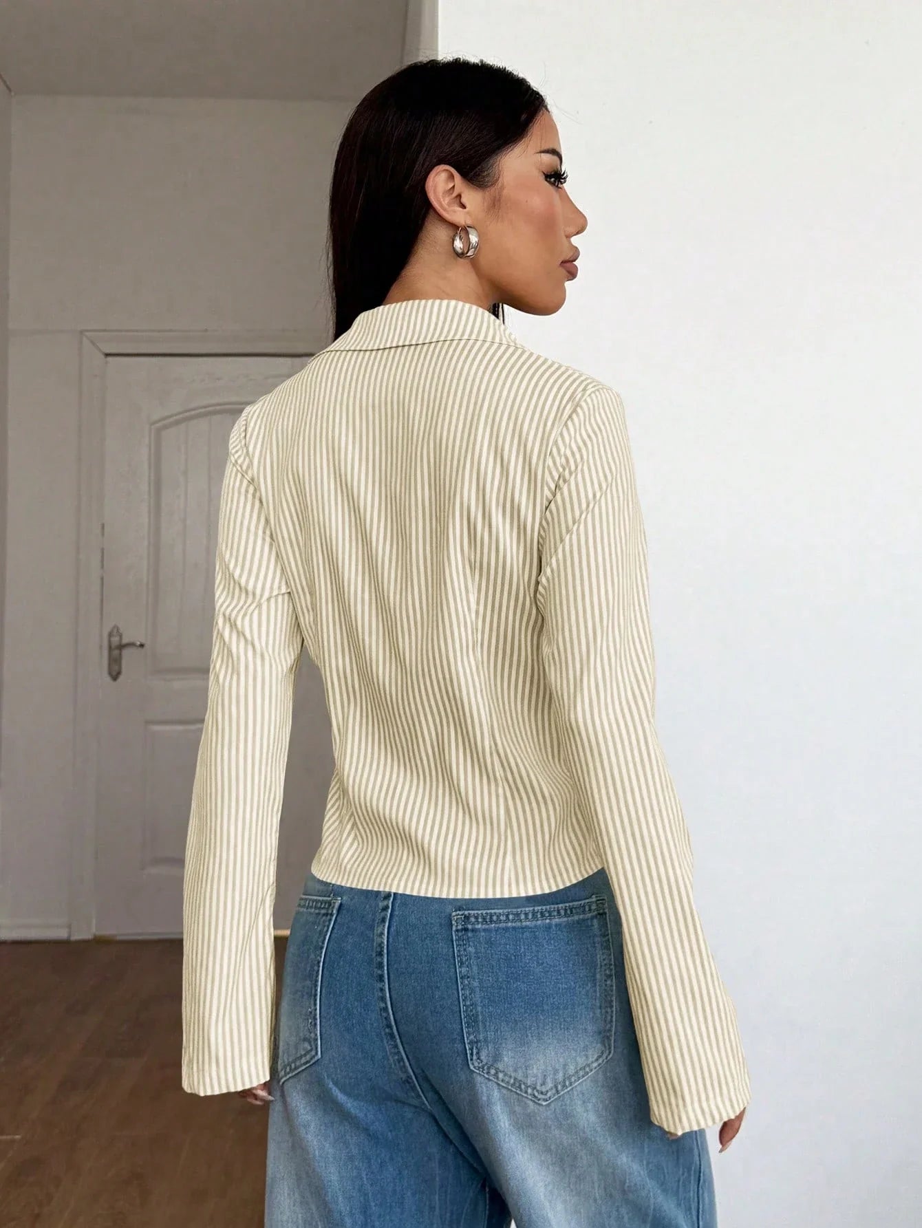 Women's Striped Print Simple Daily Long Sleeve Blouse shein