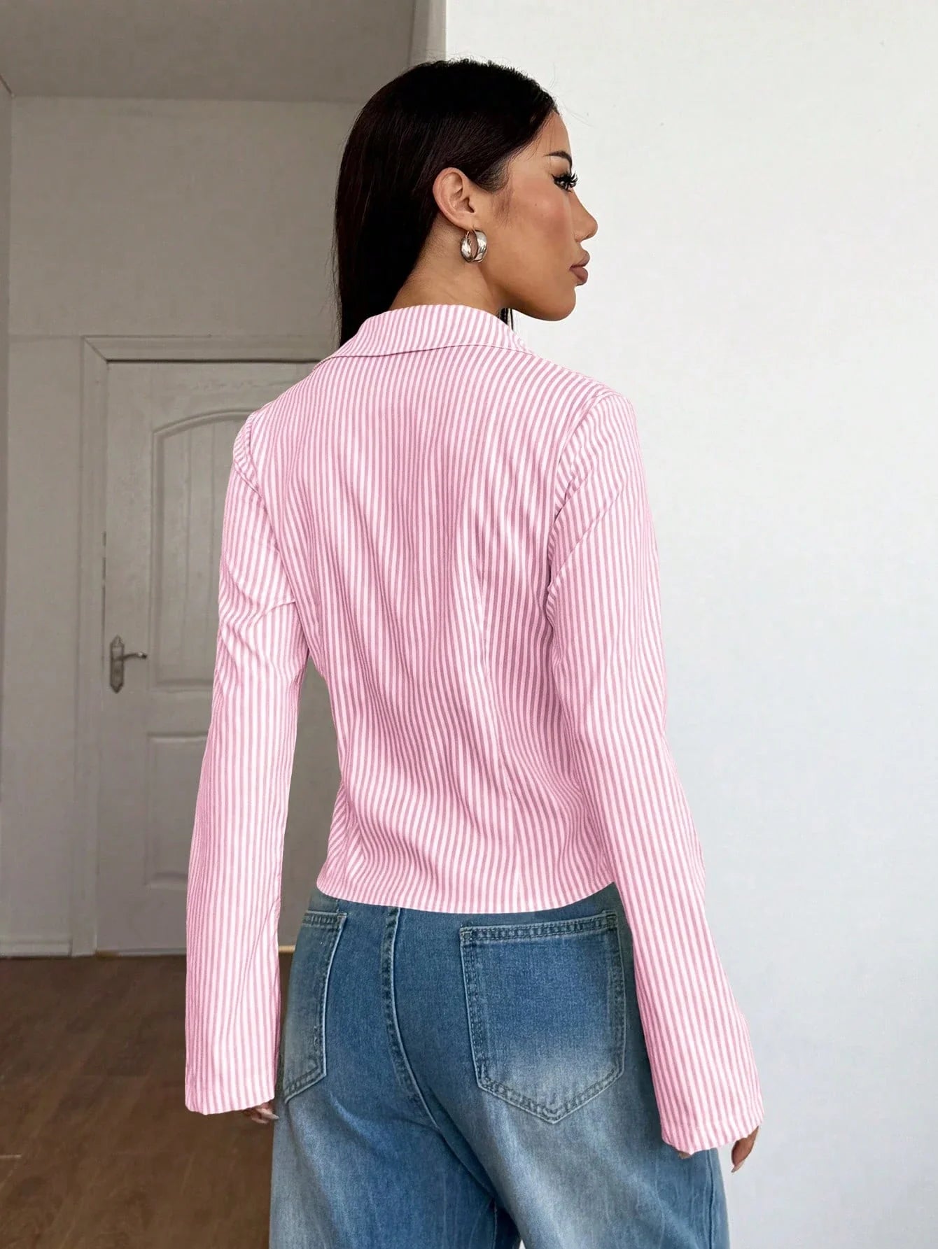 Women's Striped Print Simple Daily Long Sleeve Blouse shein