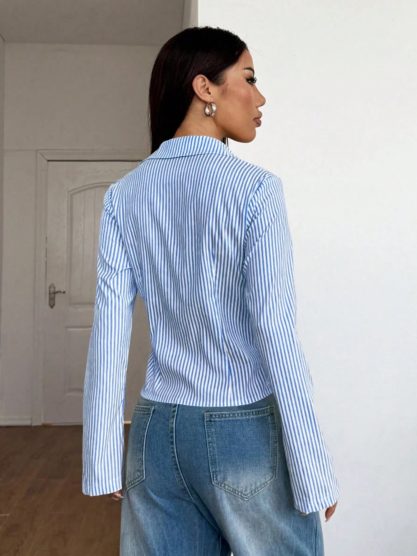 Women's Striped Print Simple Daily Long Sleeve Blouse shein
