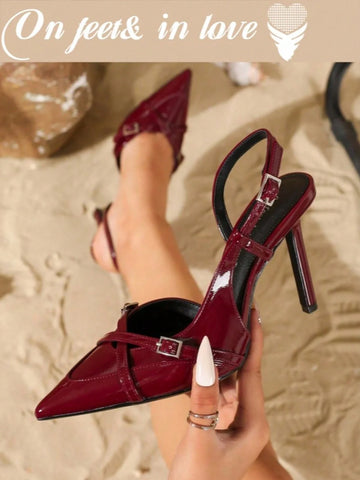 Women's Elegant Crisscross Strap Pointed Toe V-Cut Buckle High Heel Pumps