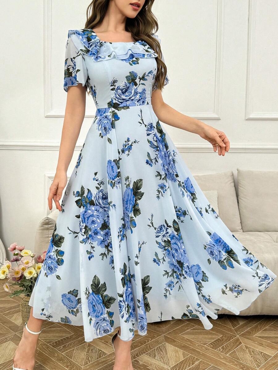 Modelyn Ruffle Hem Floral Print Fitted Chiffon Dress shein