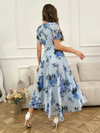 Modelyn Ruffle Hem Floral Print Fitted Chiffon Dress shein
