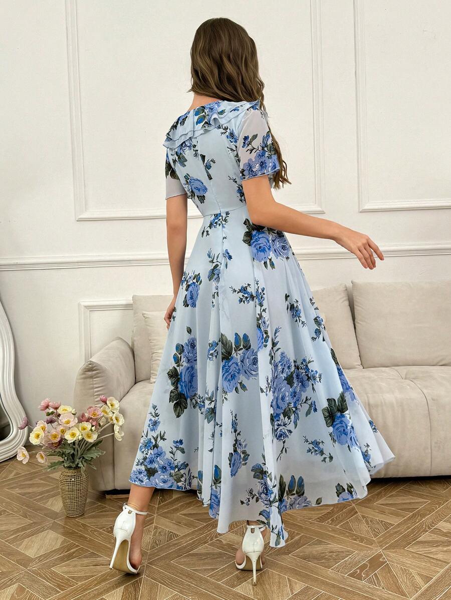 Modelyn Ruffle Hem Floral Print Fitted Chiffon Dress shein